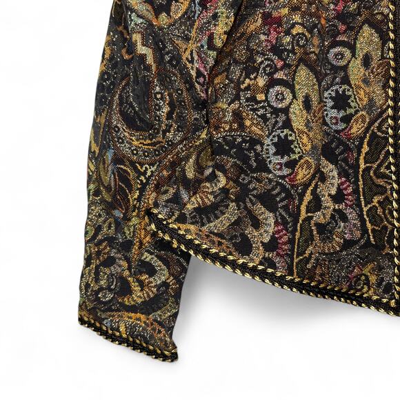 Vintage 80s Brocade Jacket Size Medium Black Gold Cotton Jacquard Tapestry Braid - Picture 6 of 9